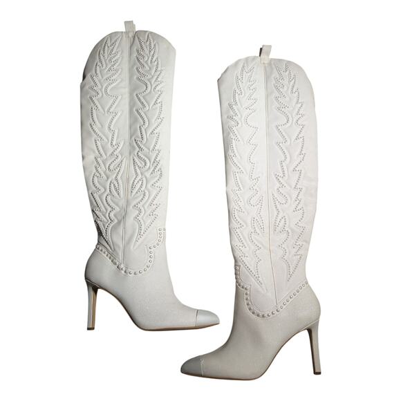 Gianni Bini Katerina White Over the Knee Pearl Bridal Stiletto Cowboy Boots 9.5 - Picture 1 of 9